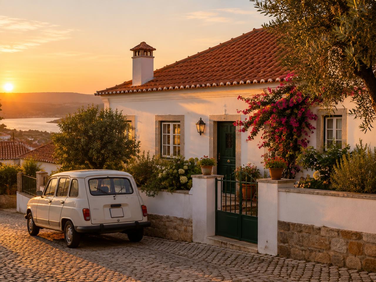 Casa portuguesa com carro estacionado ao fim da tarde